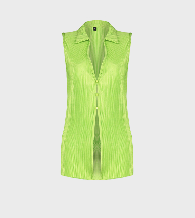 Plisse Polo Neck Sleeveless Top