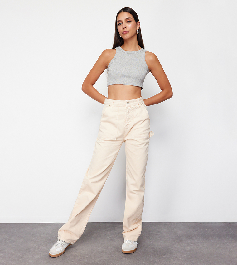 Buy Trendyol High Waist Straight Fit Jeans In Beige 6thStreet Oman