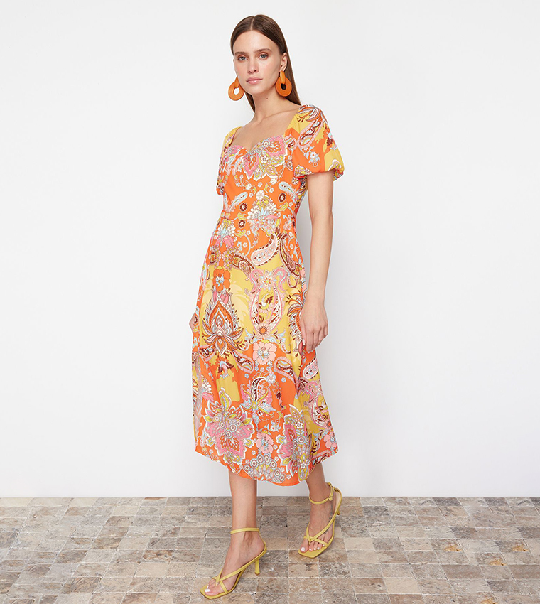 Printed Square Neck Slit Midi Dress