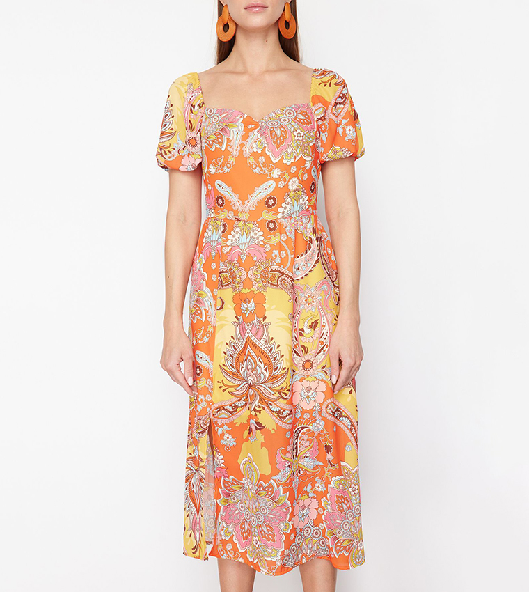 Printed Square Neck Slit Midi Dress