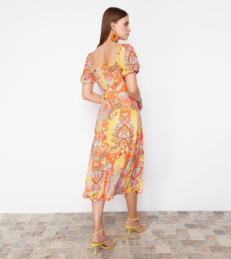 Printed Square Neck Slit Midi Dress