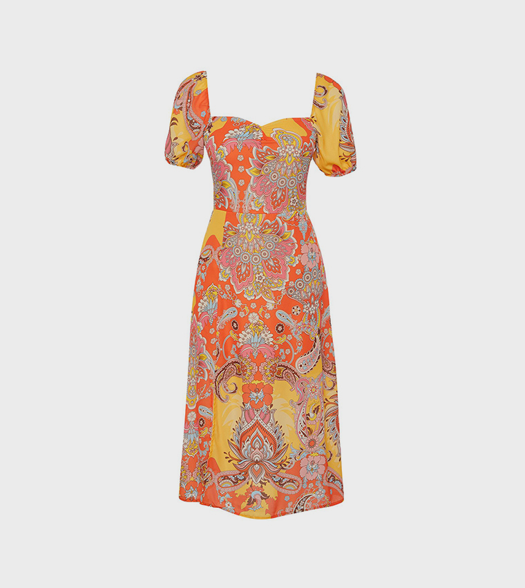 Printed Square Neck Slit Midi Dress