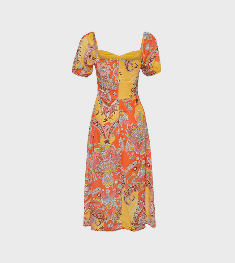 Printed Square Neck Slit Midi Dress