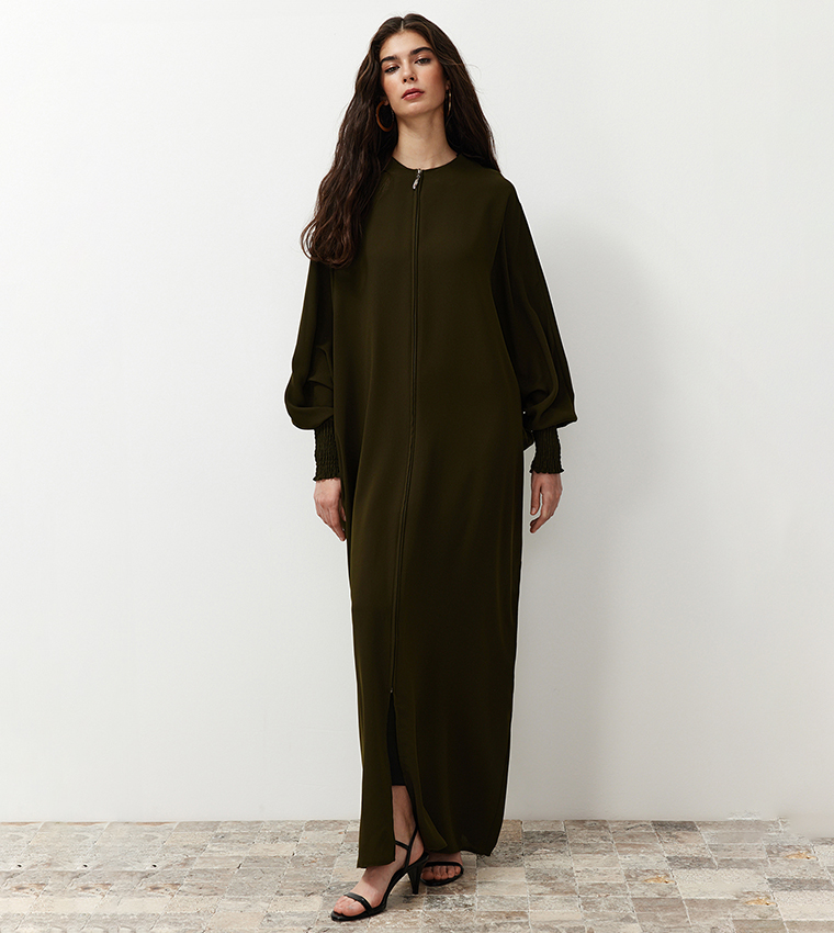 Solid Zip-Through Woven Abaya