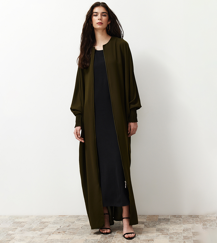 Solid Zip-Through Woven Abaya