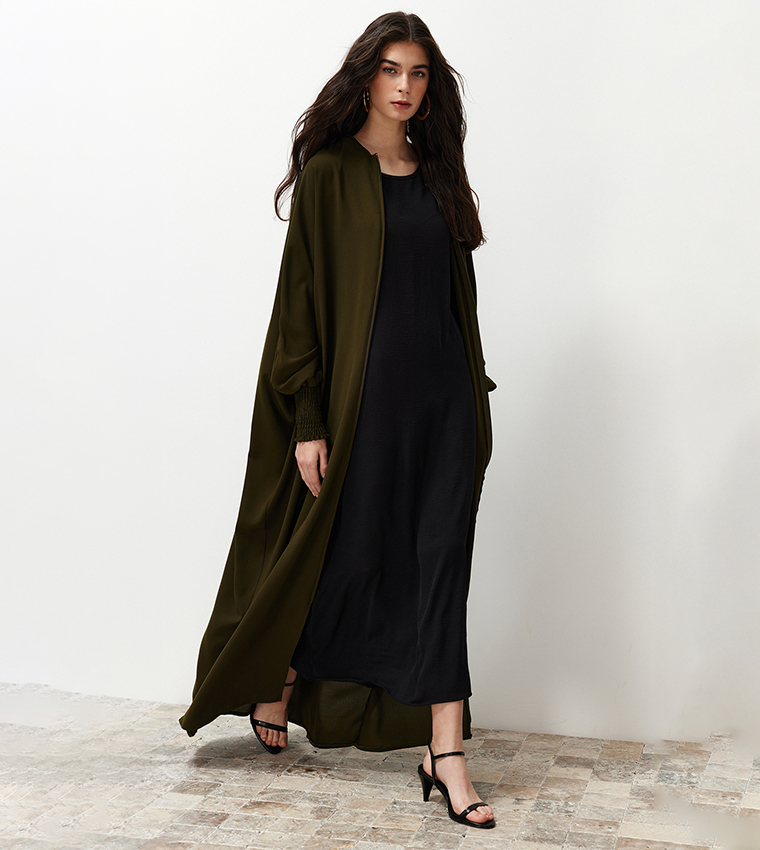 Solid Zip-Through Woven Abaya