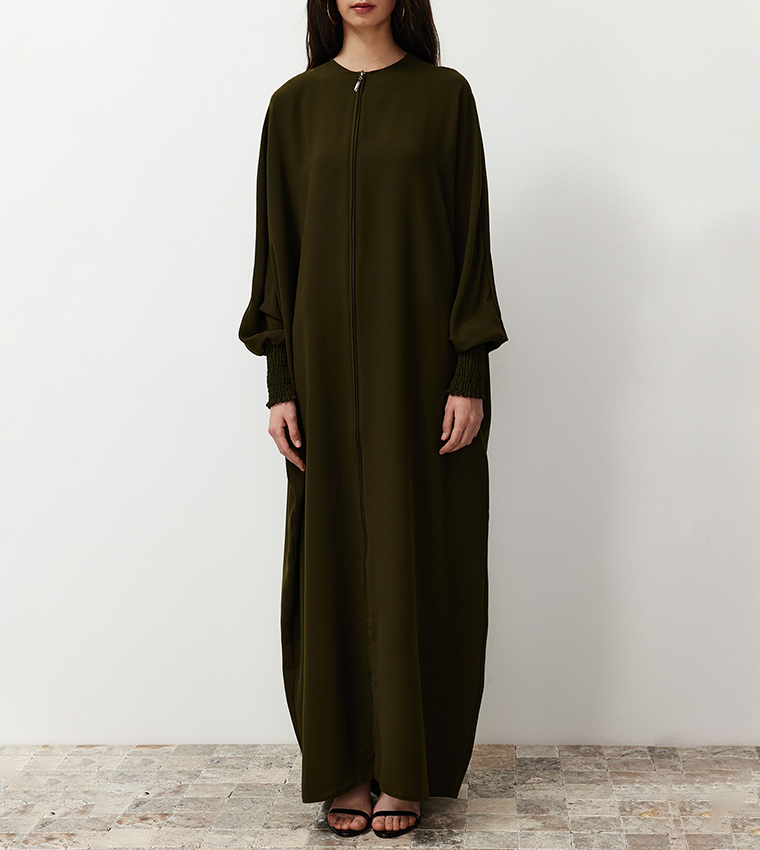 Solid Zip-Through Woven Abaya