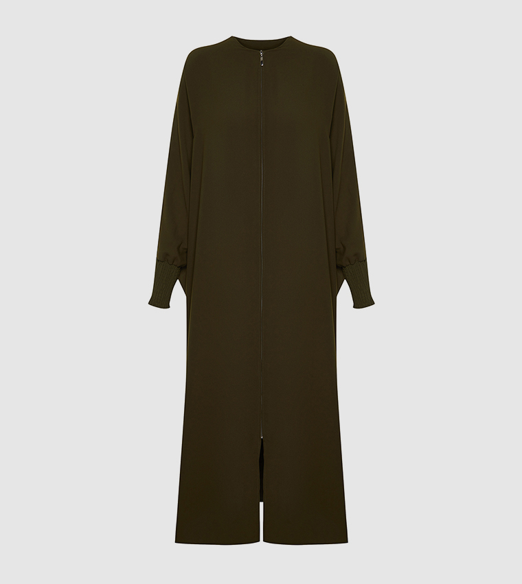 Solid Zip-Through Woven Abaya