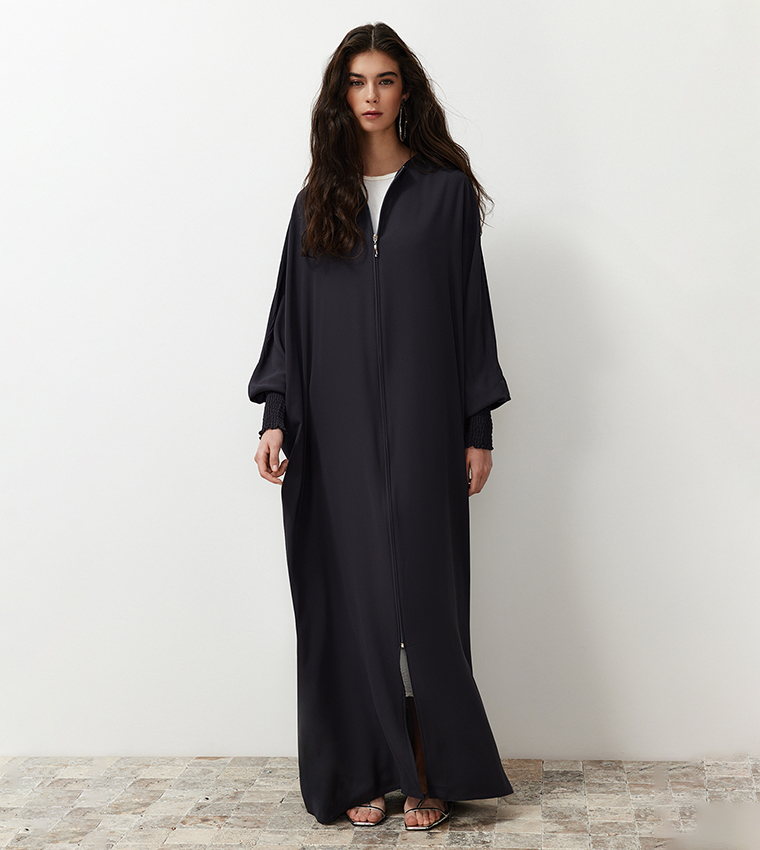 Solid Zip-Through Woven Abaya