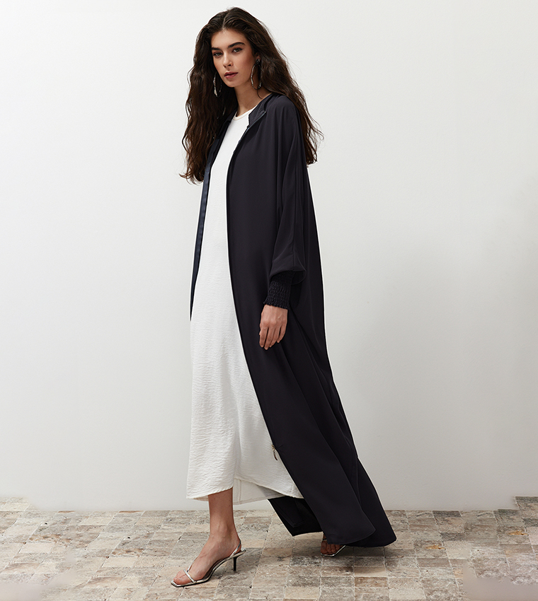 Solid Zip-Through Woven Abaya