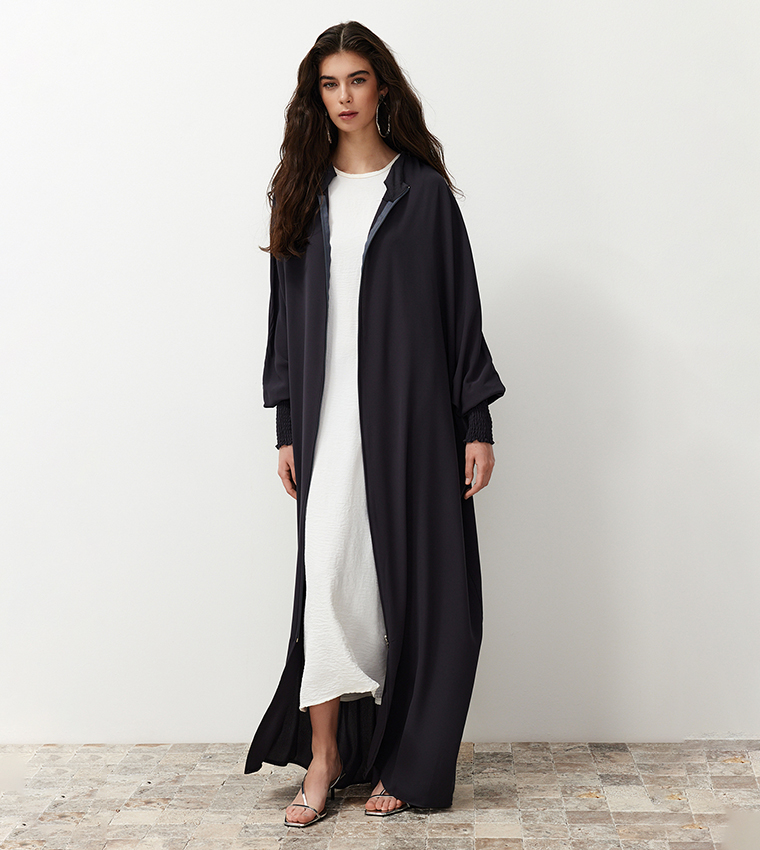 Solid Zip-Through Woven Abaya