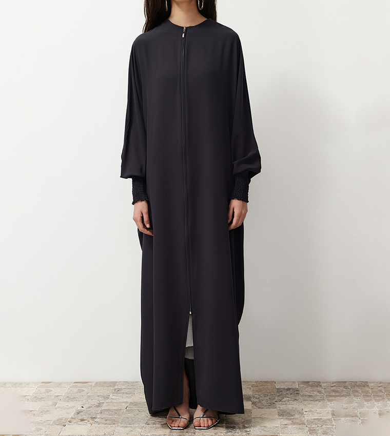 Solid Zip-Through Woven Abaya