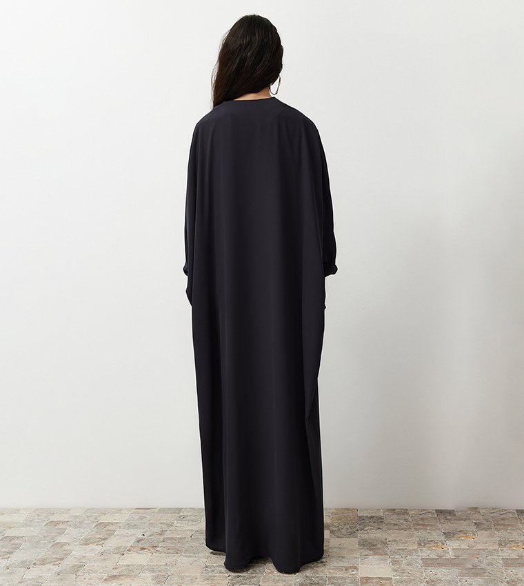 Solid Zip-Through Woven Abaya