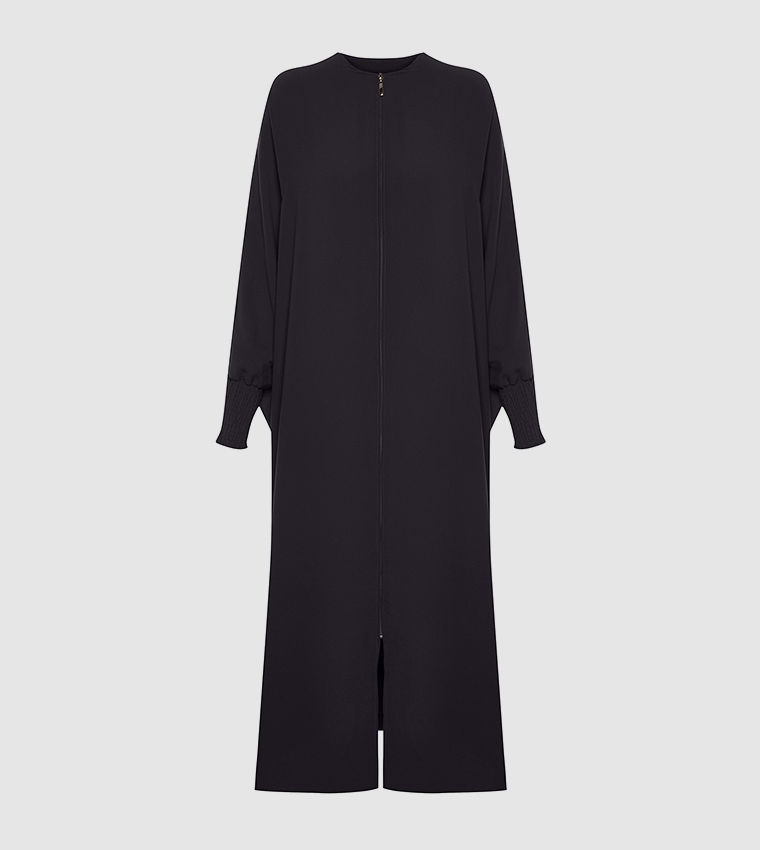 Solid Zip-Through Woven Abaya