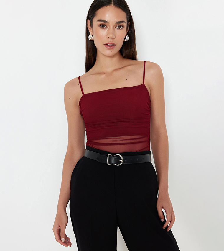 Tulle Detail Strappy Bodysuit Top