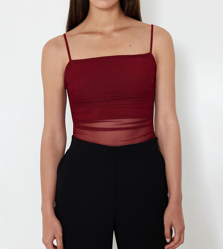 Tulle Detail Strappy Bodysuit Top