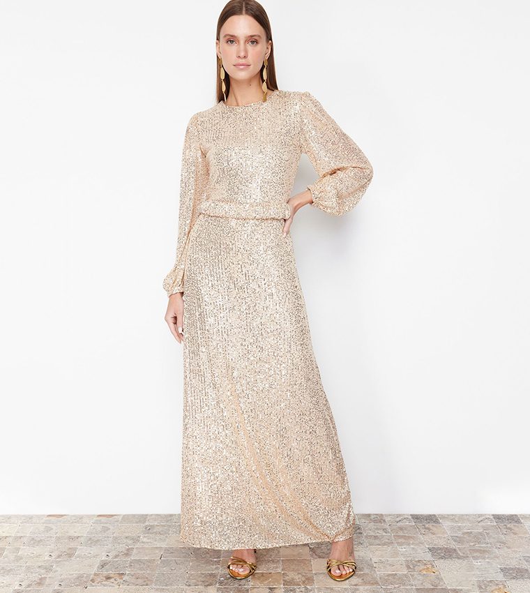 Buy Trendyol Sequined Long Sleeves Maxi Dress In Gold 6thStreet Bahrain