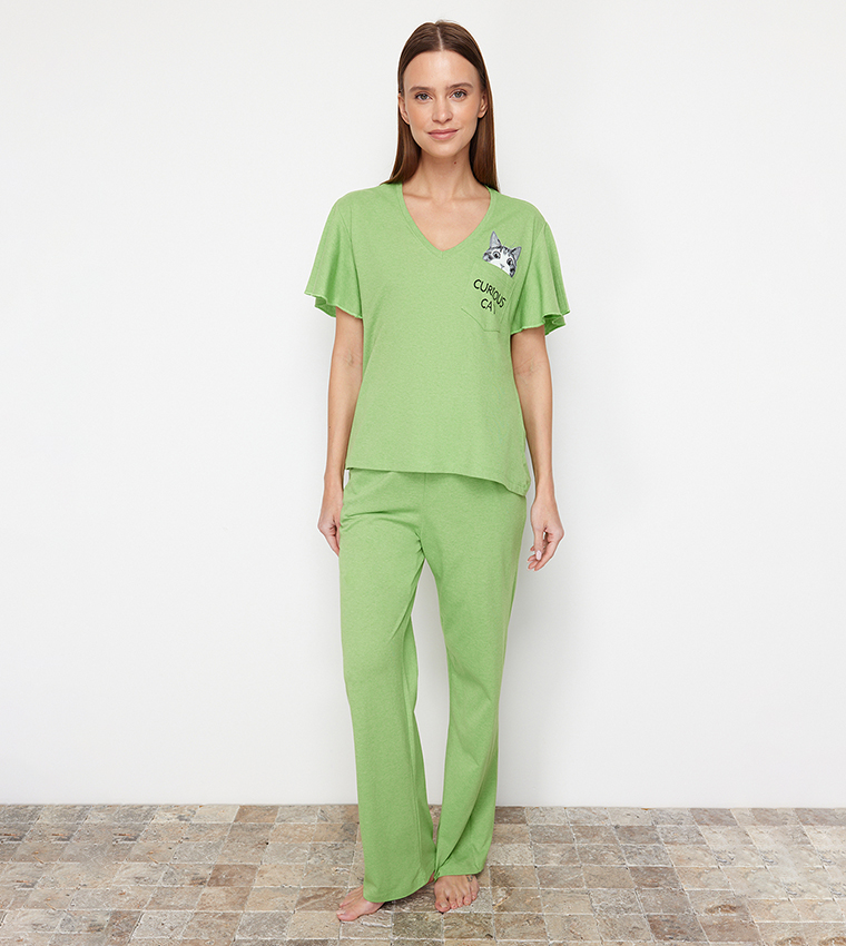 Buy Trendyol Printed Flounce Detail Pajama Set In Green