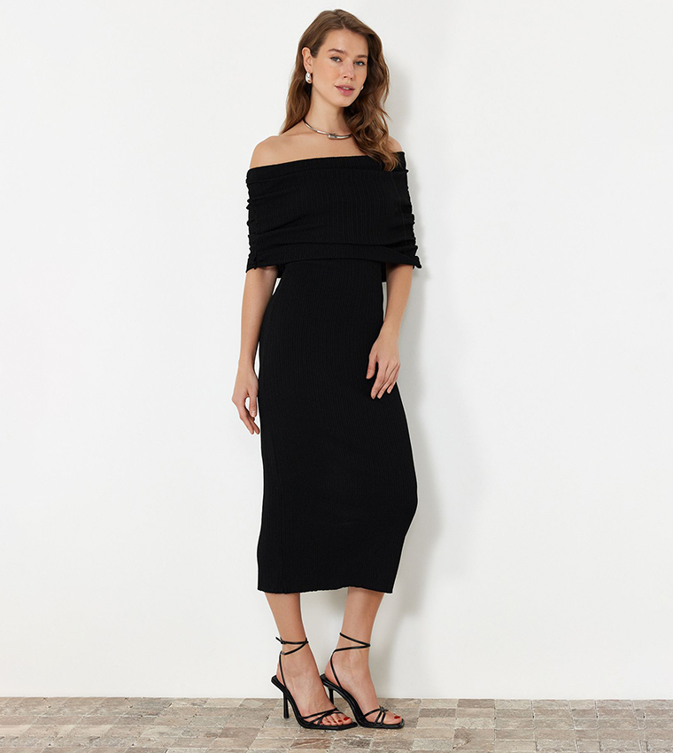 Ribbed Off Shoulder Midi Dress