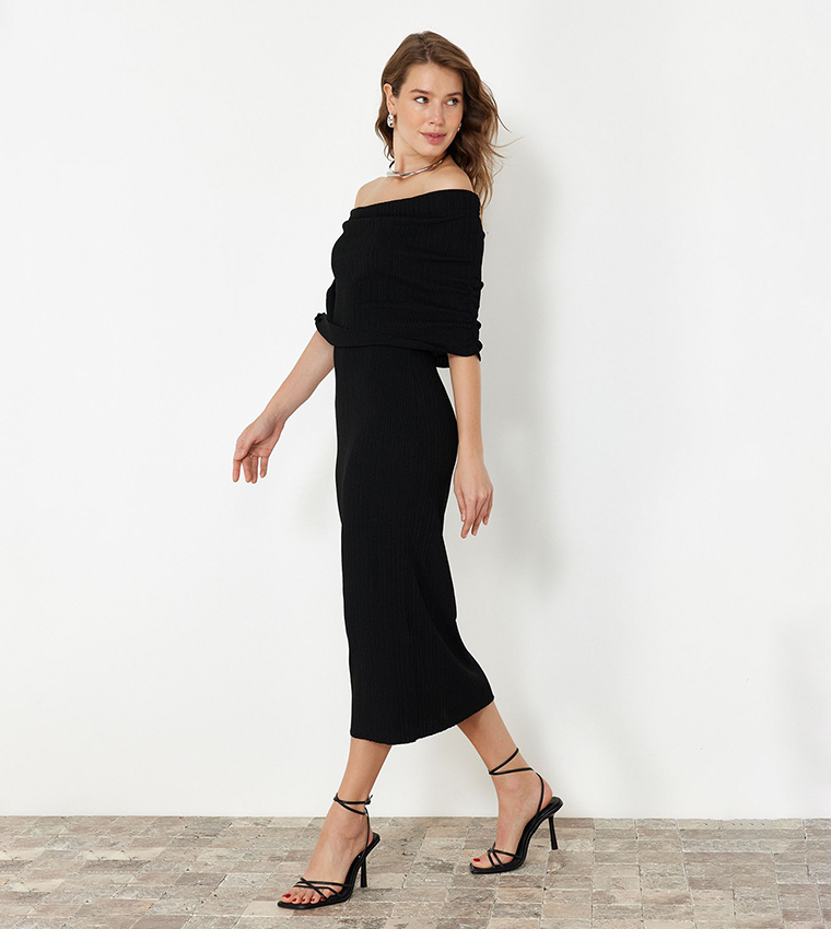 Ribbed Off Shoulder Midi Dress