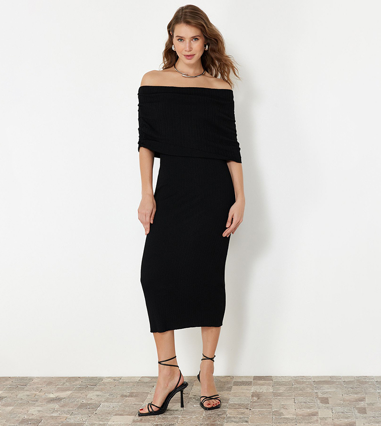 Ribbed Off Shoulder Midi Dress