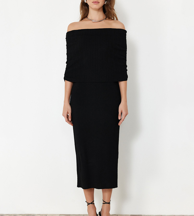Ribbed Off Shoulder Midi Dress