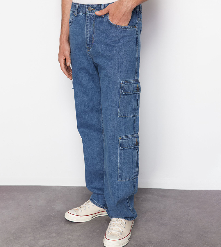 Washed Straight Fit Cargo Jeans