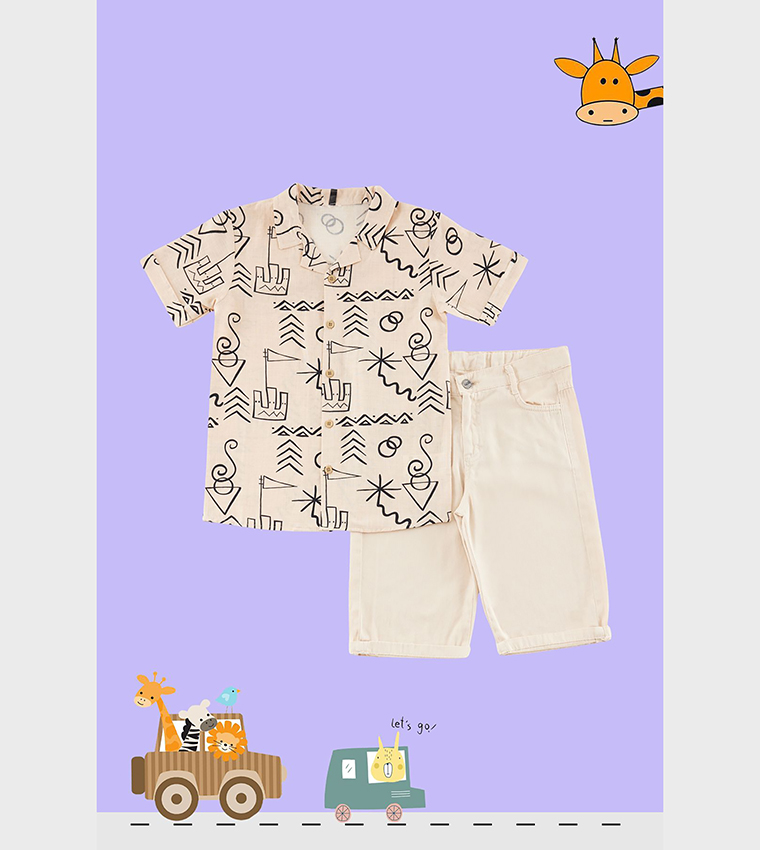 Patterned Shirt and Denim Shorts Set