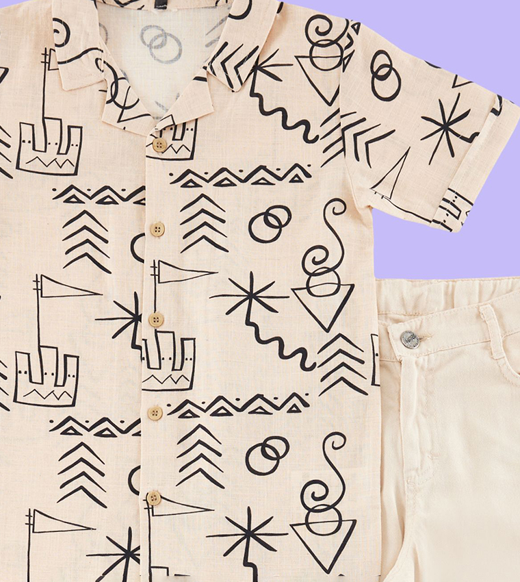 Patterned Shirt and Denim Shorts Set