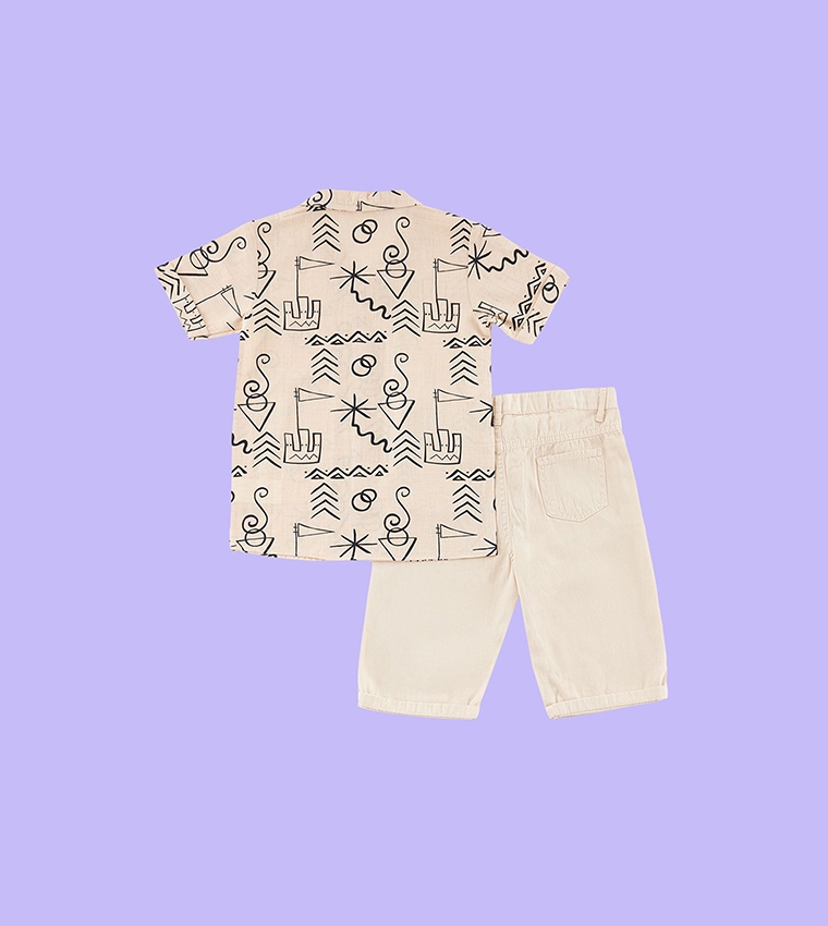 Patterned Shirt and Denim Shorts Set