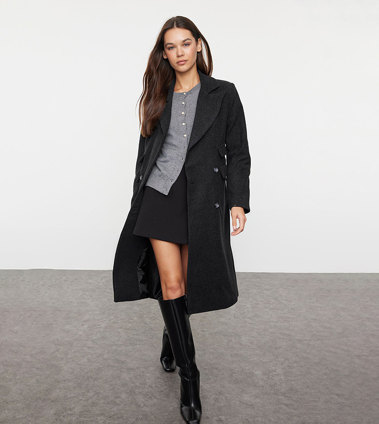 Buy Trendyol Long Sleeves Wool Coat In Dark Grey 6thStreet Kuwait