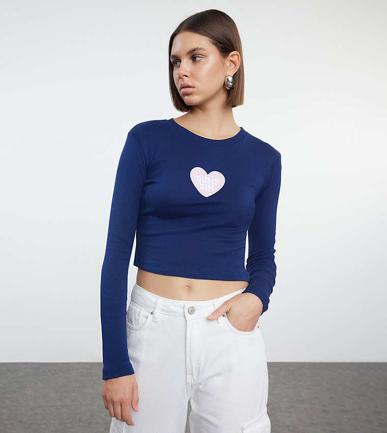 Printed Long Sleeves Crop T-Shirt
