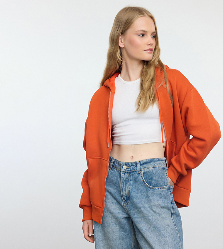Buy Trendyol Solid Hooded Oversized Jacket In Orange 6thStreet Oman