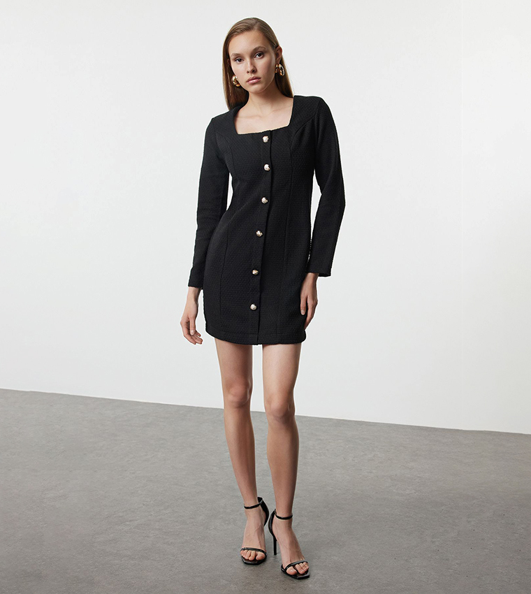 Buy Trendyol Square Neck Tweed Jacket Mini Dress In Black