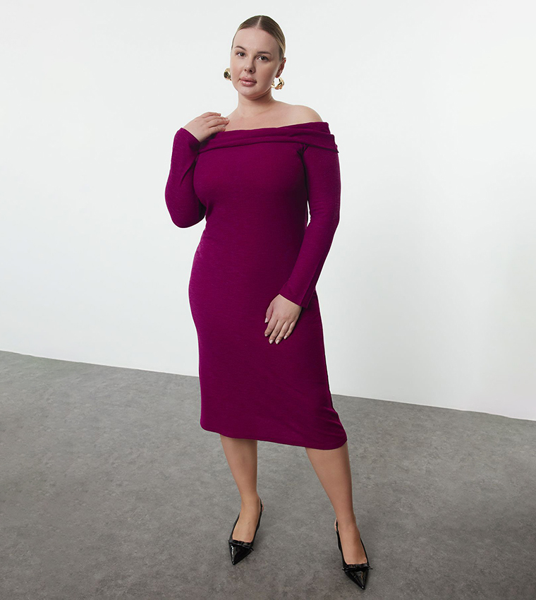 princess polly baby blue dress Plus Solid Off Shoulder Long Sleeve Dress – TrendsGlow main image 1