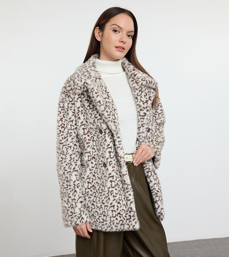 Buy Trendyol Leopard Print Oversized Fur Coat In Beige 6thStreet Bahrain