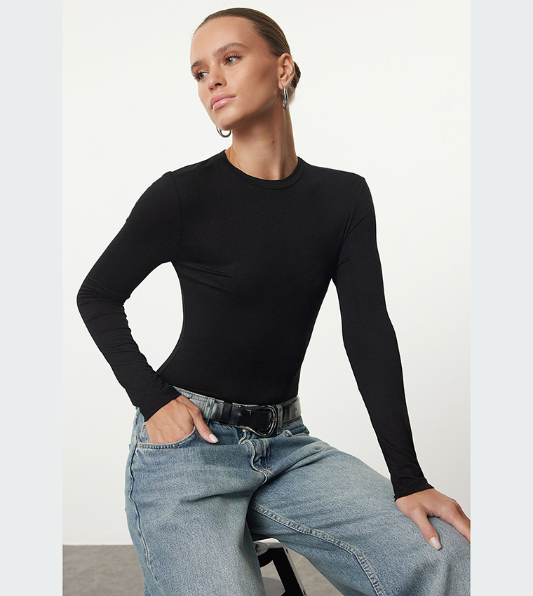 Solid Crew Neck Bodysuit Top