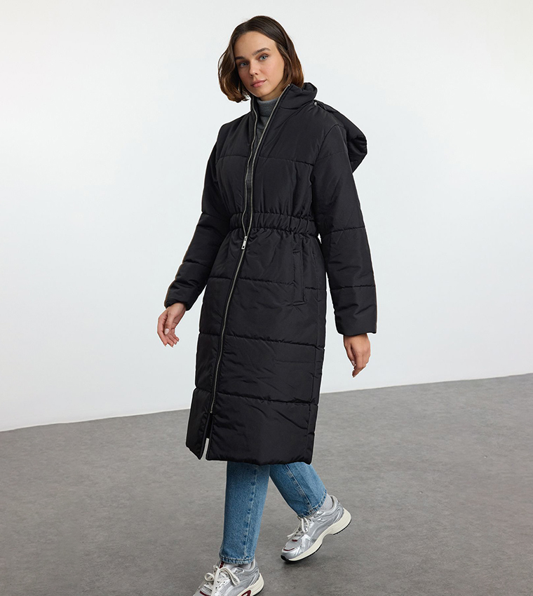 Buy Trendyol Zippered Elastic Waist Hooded Puffer Jacket In Black 6thStreet Kuwait