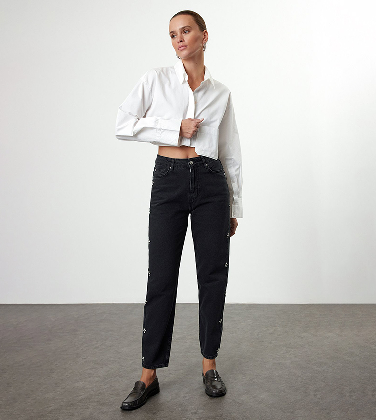 Embellished High Waist Mom Fit Jeans