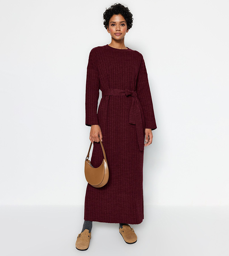 Belted Knitted fashion Sweater Maxi Dress