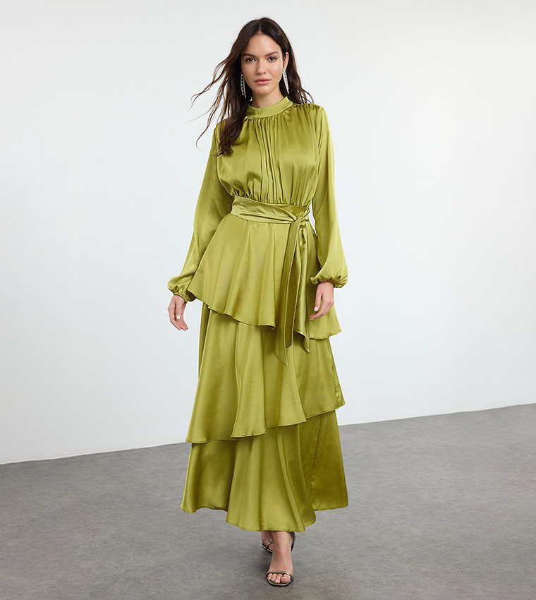 trendyol satin dress BAARAN Plunging Neck Satin Dress- Trendyol