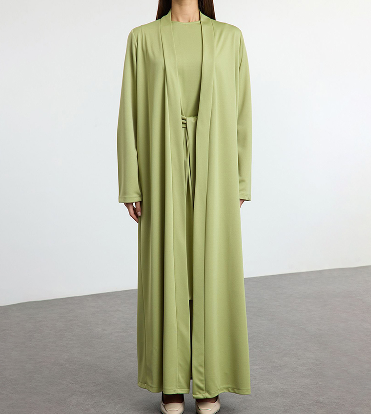 Buy Trendyol Outlet Belted Cardigan And Dress Set In Green