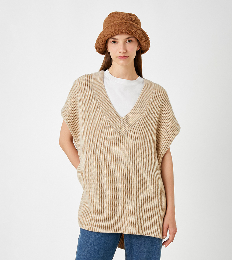 Buy Koton Knitted V Neck Oversized Sweater Vest In Beige | 6thStreet UAE