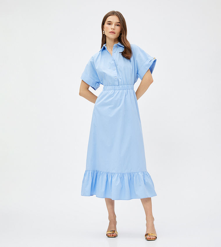 Frilled Short Sleeves Midi Shirt Dress