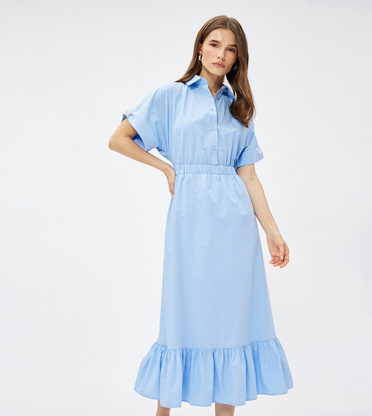 Frilled Short Sleeves Midi Shirt Dress