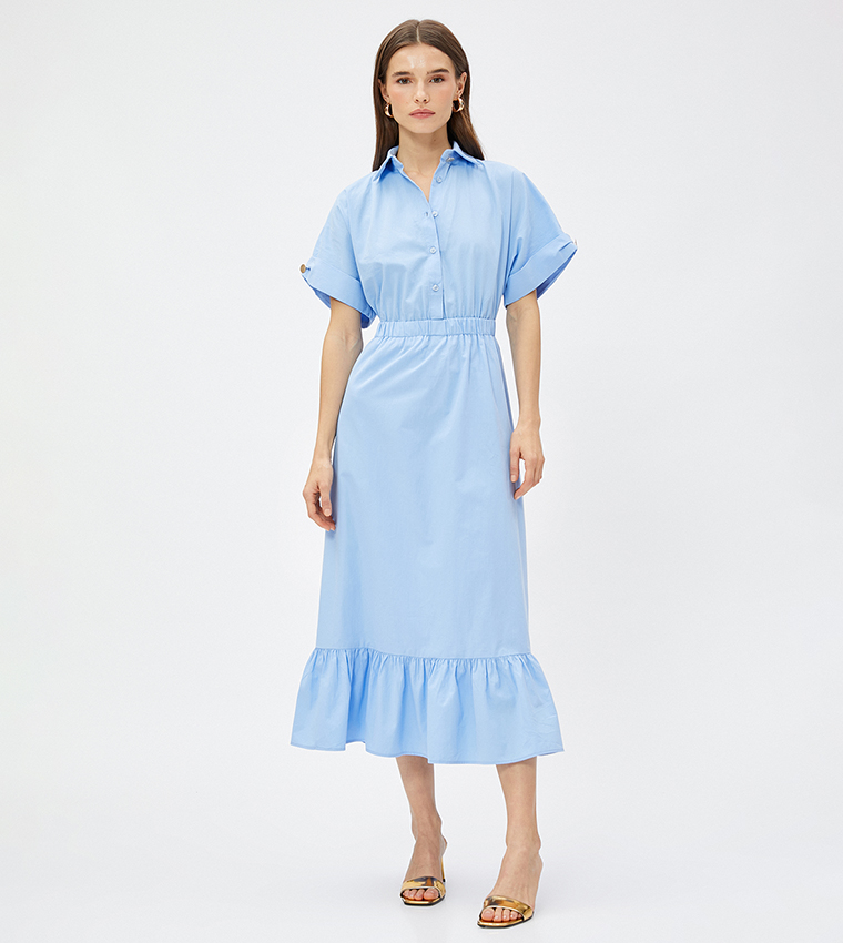 Frilled Short Sleeves Midi Shirt Dress