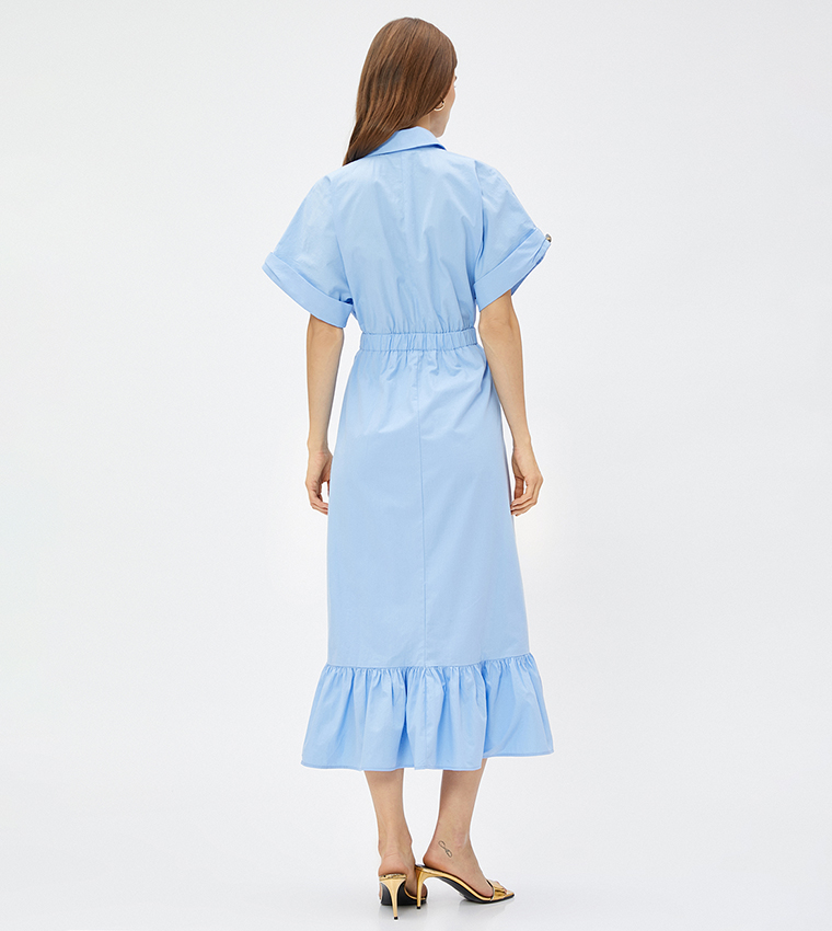 Frilled Short Sleeves Midi Shirt Dress