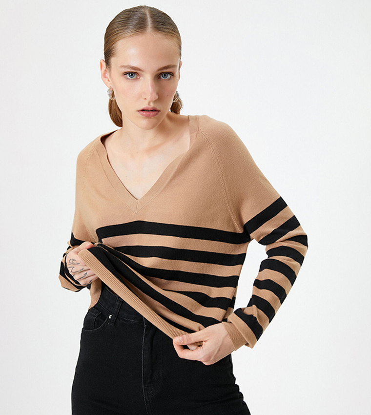 Buy Koton Striped V Neck Long Sleeves Sweater In Beige | 6thStreet UAE