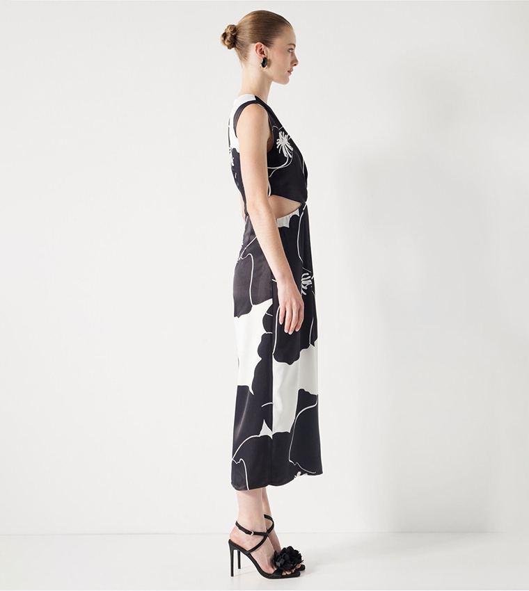 Patterned Cut-Out Detail Midi Dress