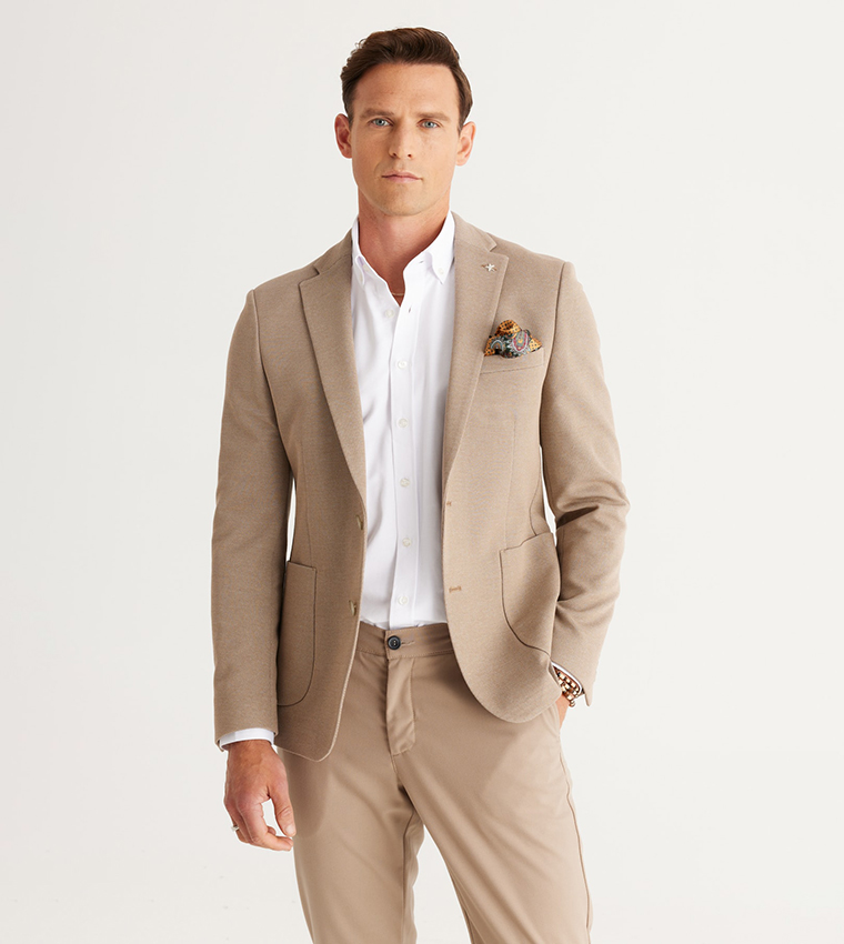 Buy ALTINYILDIZ CLASSICS Textured Lapel Collar Blazer In Beige ...